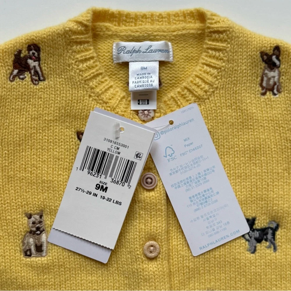 Ralph Lauren Baby Girl Dog Embroidered Wool-Blend Cardigan - Size 9M